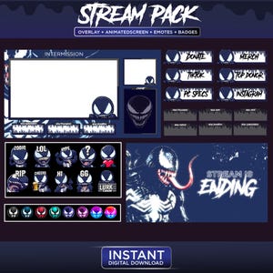 Venom Twitch Stream Pack | Superhero Twitch Overlay | Twitch Panels | Screens | Animated Screens | Overlay | Emotes badges twitch|