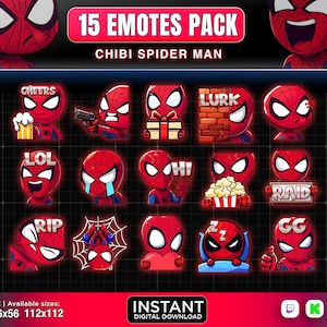 May include: A set of 15 animated emojis featuring a chibi Spider-Man character in various poses and expressions. The emojis include "Cheers", "LOL", "Hi", "Rip", "Lurk", "Z", "Raid", "GG".