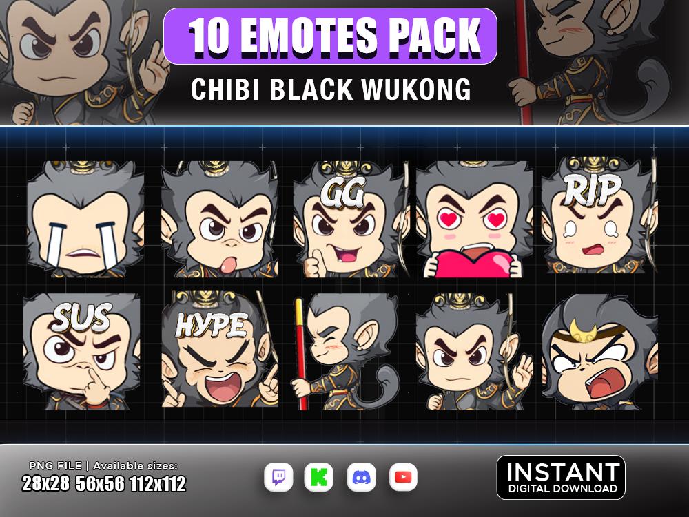 10 Emotes Chibi Black Wukong Twitch ,Discord ,Youtube | Monkey King emotes ,Games emote, Black Myth emotes| emote, cute emote, chibi emote