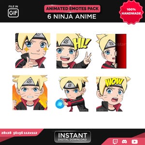 6 emoticones animados de anime para Twitch, Discord, YouTube / Emotes de anime, emotes de ninja, emotes de manga / Emote de chico de cabello amarillo, gif de emote chibi
