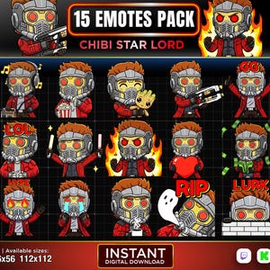May include: A digital download pack of 15 chibi Star Lord emotes. The emotes depict Star Lord in different poses and expressions, with text overlays such as "LOL" and "RIP". The pack includes PNG files in various sizes.