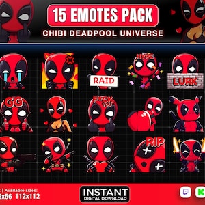 15 Chibi Deadpool-emotes för Twitch, Discord, Youtube | emotes, superhjälte-emote, | emote, söt emote, chibi-emote