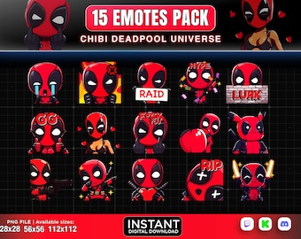 May include: A set of 15 digital emotes featuring a chibi Deadpool character in various poses and expressions. The emotes are designed for use on Twitch, Discord, and other online platforms. The emotes include "GG", "Raid", "Lurk", "RIP", and more.