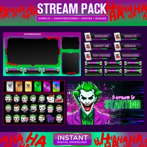 Puede incluir: Un paquete de transmisión digital con temática de Joker. El paquete incluye una superposición, una pantalla animada, emoticonos y insignias. El diseño presenta una combinación de colores púrpura y verde con el texto "Stream is Starting".
