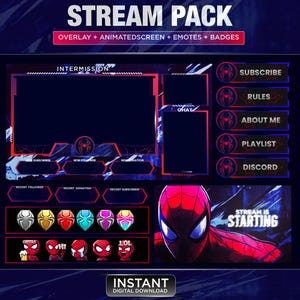Spider Twitch Stream Pack | Superhero Twitch Overlay | Twitch Panels | Screens | Animated Screens |  Overlay | Emotes badges twitch|