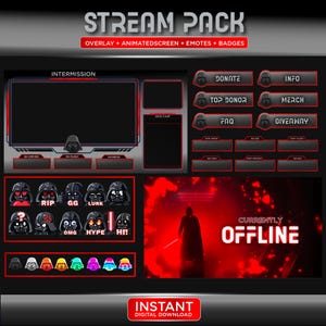May include: A digital stream pack with a Star Wars theme. The pack includes an overlay, animated screen, emotes, and badges. The design features Darth Vader imagery, with red and black color scheme. Text includes "Stream Pack", "Intermission", and "Offline".