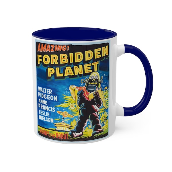 Forbidden Planet (1956) Sci-Fi Anne Francis, Leslie Nielsen, Walter Pidgeon, 11oz Blue & White Coffee Mug