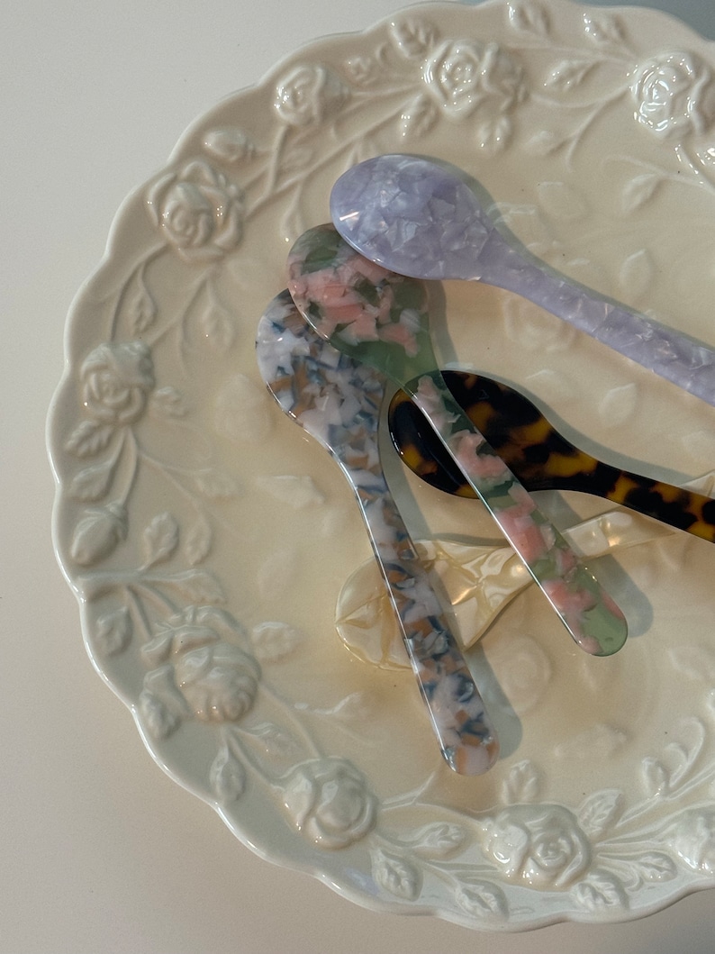 Bright and playful acrylic dessert spoons, handmade for serving ice cream and more.