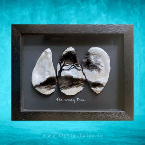 May include: A framed artwork featuring three oyster shells with black ink illustrations. The central shell depicts a tree in a landscape, with the text "The Windy Tree." The frame is black, and the background is a teal color.