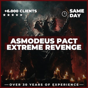 May include: A dark, atmospheric graphic featuring a central three-headed figure with horns and a crown, surrounded by lit candles. Text overlays include +6.000 CLIENTS, SAME DAY, ASMODEUS PACT EXTREME REVENGE, and OVER 30 YEARS OF EXPERIENCE.