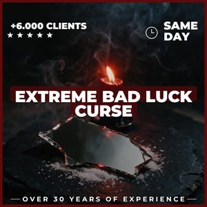 May include: A broken mirror fragment rests on a dark stone surface with white salt, accompanied by a lit black candle emitting smoke. Text reads: +6.000 CLIENTS, SAME DAY, EXTREME BAD LUCK CURSE, OVER 30 YEARS OF EXPERIENCE, and five stars.