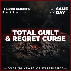 May include: A dark, moody graphic featuring a glowing ember in a pile of ash. Text reads: +6.000 CLIENTS, SAME DAY, TOTAL GUILT & REGRET CURSE, and OVER 30 YEARS OF EXPERIENCE. Five white stars are displayed below the client count.