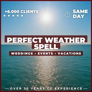 Pode incluir: Um gráfico digital com um sol brilhante sobre um oceano azul com o texto +6.000 CLIENTS, SAME DAY, PERFECT WEATHER SPELL, WEDDINGS • EVENTS • VACATIONS e OVER 30 YEARS OF EXPERIENCE. A imagem inclui cinco estrelas brancas e um ícone de relógio.