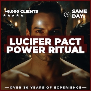 Può includere: Un grafico digitale che mostra una persona dai capelli scuri con ali nere. Il testo recita: +6.000 CLIENTS, SAME DAY, LUCIFER PACT POWER RITUAL e OVER 30 YEARS OF EXPERIENCE. L'immagine include un'icona a cinque stelle e un'icona a orologio.