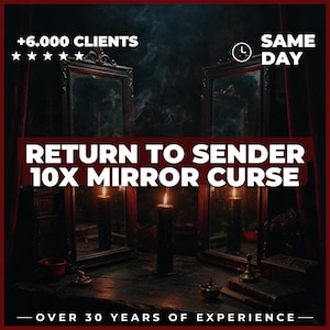 Könnte beinhalten: Zwei hohe rechteckige Spiegel mit verzierten dunklen Rahmen stehen nebeneinander. Eine schwarze Kerze brennt in der Mitte und wirft ein warmes Licht. Der Text lautet: +6.000 CLIENTS, SAME DAY, RETURN TO SENDER 10X MIRROR CURSE, OVER 30 YEARS OF EXPERIENCE.