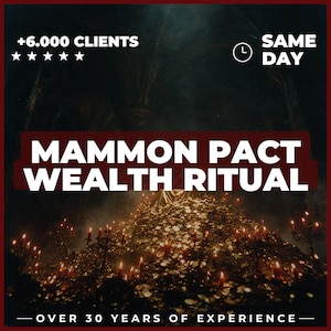 Puede incluir: Un gráfico digital que muestra un gran montón de monedas de oro iluminado por numerosas velas rojas en un entorno oscuro. El texto dice +6.000 CLIENTS, SAME DAY, MAMMON PACT WEALTH RITUAL y OVER 30 YEARS OF EXPERIENCE con cinco estrellas.
