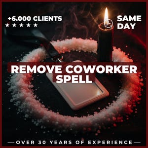 Puede incluir: Un porta credencial blanco con un cordón negro colocado dentro de un círculo de sal blanca, acompañado de una vela negra encendida. La imagen incluye el texto +6.000 CLIENTS, SAME DAY, REMOVE COWORKER SPELL y OVER 30 YEARS OF EXPERIENCE.