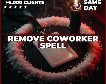 May include: A white ID badge holder with a black lanyard placed inside a circle of white salt, accompanied by a lit black candle. The image features the text +6.000 CLIENTS, SAME DAY, REMOVE COWORKER SPELL, and OVER 30 YEARS OF EXPERIENCE.