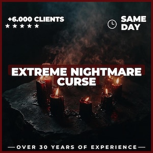 Peut inclure: Un cercle de bougies noires aux flammes orange vacillantes sur une surface en pierre sombre. Le texte indique : +6.000 CLIENTS, SAME DAY, EXTREME NIGHTMARE CURSE et OVER 30 YEARS OF EXPERIENCE. De la fumée s'élève des bougies sur fond sombre.
