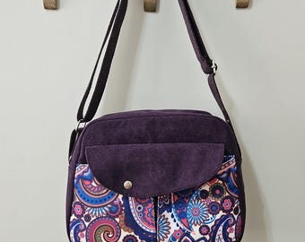 Handmade Purple Cotton Crossbody Bag: Floral Flap Messenger Bag