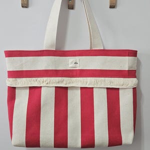 Striped Canvas Beach Tote Bag: Large Red Fringe Tote