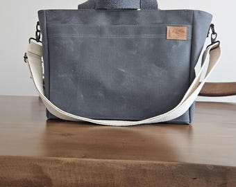 Gray Waxed Canvas Tote Bag: Unisex Shoulder Bag with Adjustable Strap