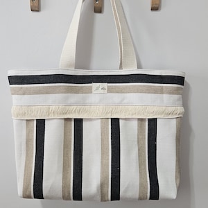 Striped Canvas Tote Bag: Black & Beige, Fringe Detail