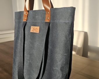 Waxed Canvas Tote Bag, Leather Handles, Water-Resistant Shopper, Eco Friendly Bag