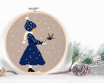 Girl blue dress and bird, winter scene, cross stitch pattern, embroidery design, beginner, instant download PDF