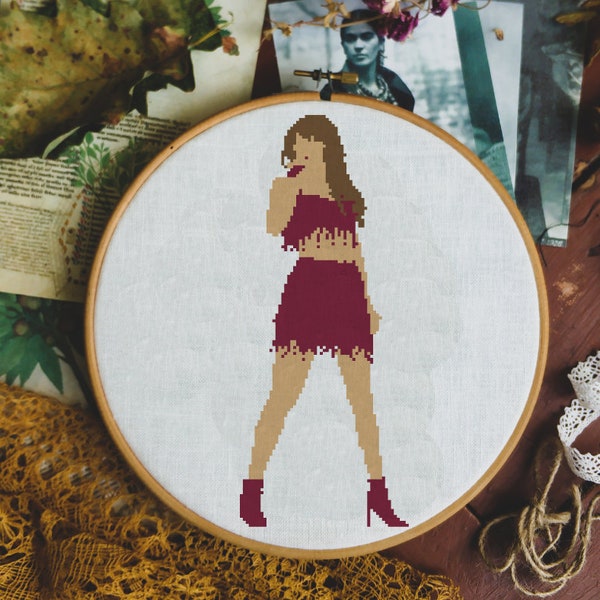 Taylor TS Eras Tour magenta outfit, cross stitch pattern, embroidery design, instant download PDF