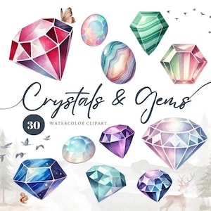 Watercolor Crystal Gem Clipart: 30 Diamond PNG Designs (Digital Download)