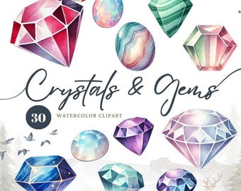 Puede incluir: Un conjunto de 30 imágenes de clipart de acuarela de cristales y gemas en varias formas y colores. Las imágenes incluyen un diamante rosa y rojo, una gema verde y blanca, una gema azul y dorada, una gema morada, una gema azul y blanca y una gema azul claro.