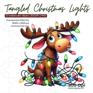 May include: A cartoon moose tangled in a string of colorful Christmas lights. The image includes text that reads "Tangled Christmas Lights", "10 watercolor clipart", and "300 DPI". The moose has large blue eyes and brown antlers.