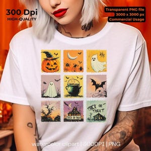 May include: White t-shirt featuring a grid of Halloween-themed postage stamp designs. The stamps depict a jack-o'-lantern, ghost, cauldron, and haunted house. The shirt includes the text "TRICK OR TREAT" and "300 Dpi HIGH-QUALITY".