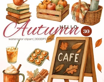 Acuarela Otoño Café Clipart Bebidas acogedoras Calabazas Golosinas de otoño Panadería PNG Descarga digital