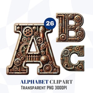 Steampunk Gear Alphabet Clipart: PNG Industrial Letters (Digital Download)