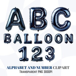 Alfabeto y número de globos de aluminio azul marino, imágenes prediseñadas para celebraciones y diseño creativo, PNG, letras A-Z para uso comercial para invitaciones