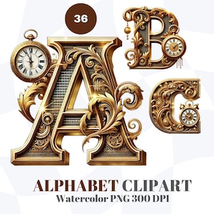 Alfabeto dorado de lujo con elementos de reloj vintage, letra y número en acuarela, archivo PNG de 300 DPI, clipart A-Z para uso comercial