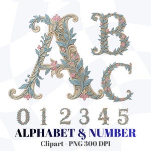 May include: Decorative alphabet letters A, B, and C, and numbers 0 through 5, with floral and leaf designs in pastel colors. The text "ALPHABET & NUMBER" is below the letters and numbers.