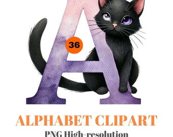 Halloween Black Cat Alphabet Clipart: Watercolor PNG Letters (Digital Download
