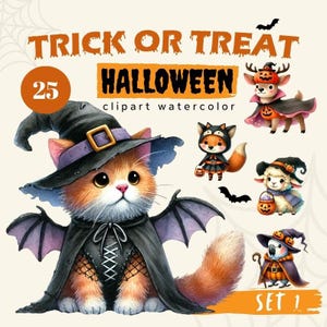 Pode incluir: Uma coleção de 25 ilustrações em aquarela de Halloween com um gatinho laranja com chapéu de bruxa e asas de morcego, um cervo com máscara de abóbora, uma raposa, uma ovelha e um papagaio, todos vestidos com trajes festivos em tons de laranja.