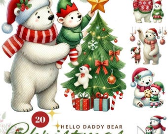 Puede incluir: Clipart de acuarela con osos polares festivos para Navidad. La imagen incluye un árbol de Navidad, regalos y el texto "Hello Daddy Bear Christmas". Los osos llevan gorros y bufandas de Papá Noel.