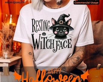 Funny Halloween Black Cat Clipart: Resting Witch Face PNG (Digital Download)