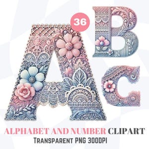 Alfabeto floral de encaje Clipart Letras y números vintage elegantes PNG Tipografía decorativa bohemia intrincada 300 DPI Comerciales A-Z