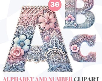 Lace Floral Alphabet Clipart: Vintage Elegant Letters & Numbers (PNG Digital Download)
