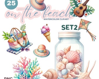 Watercolor Beach Clipart Set: Summer Vacation PNG Graphics (Digital Download)