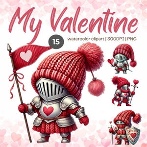Puede incluir: Un conjunto de 15 imágenes de clipart de acuarela que presentan a un lindo caballero con un gorro de punto rosa y sosteniendo una bandera en forma de corazón, una espada y un escudo. El caballero está en una armadura roja y plateada. Las imágenes son perfectas para manualidades y proyectos del Día de San Valentín.