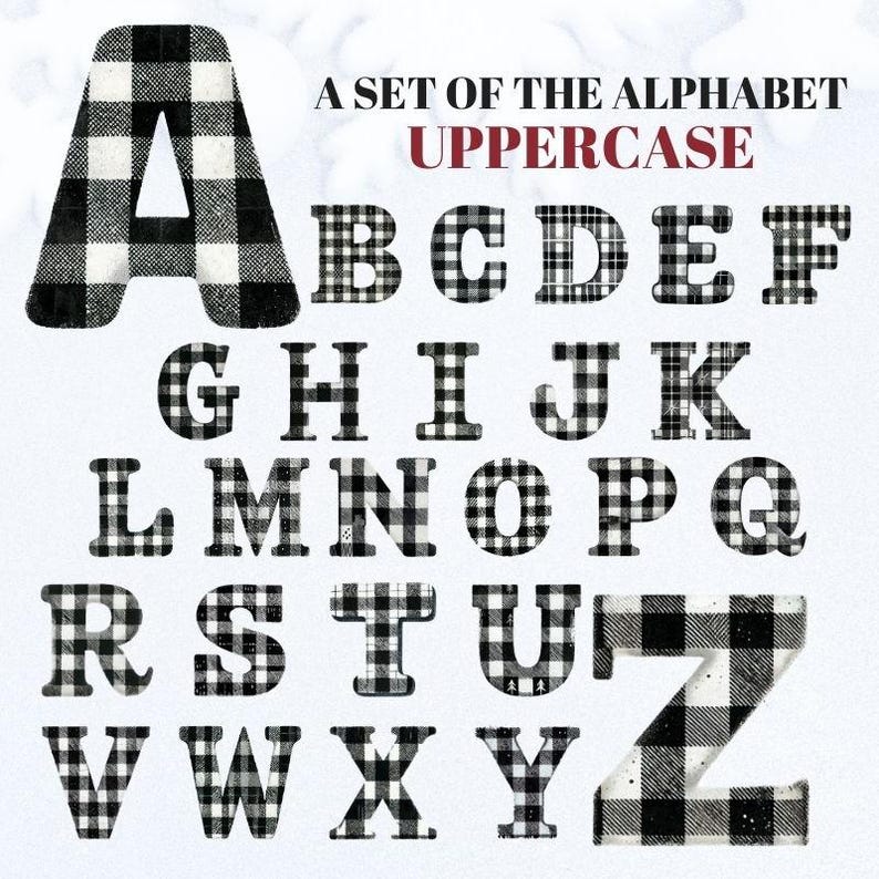 Buffalo Plaid Alphabet Clipart: Black White Watercolor Letters (digital ...