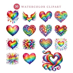 Rainbow Heart Watercolor Clipart: Valentine&#39;s Day PNG Files (Digital Download)
