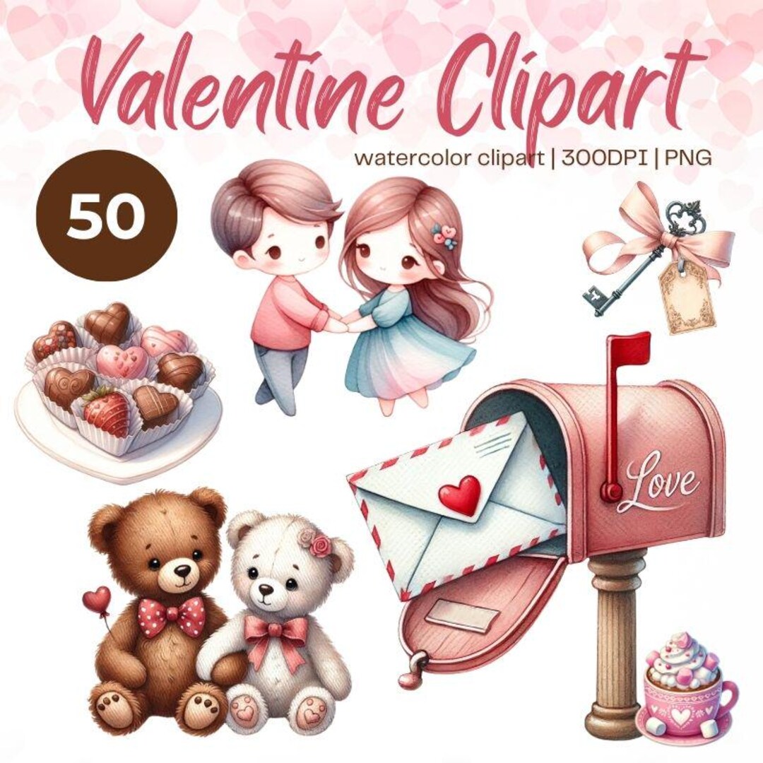 Valentine Watercolor Clipart Bundle Cute Love PNG Set Romantic Cupid ...